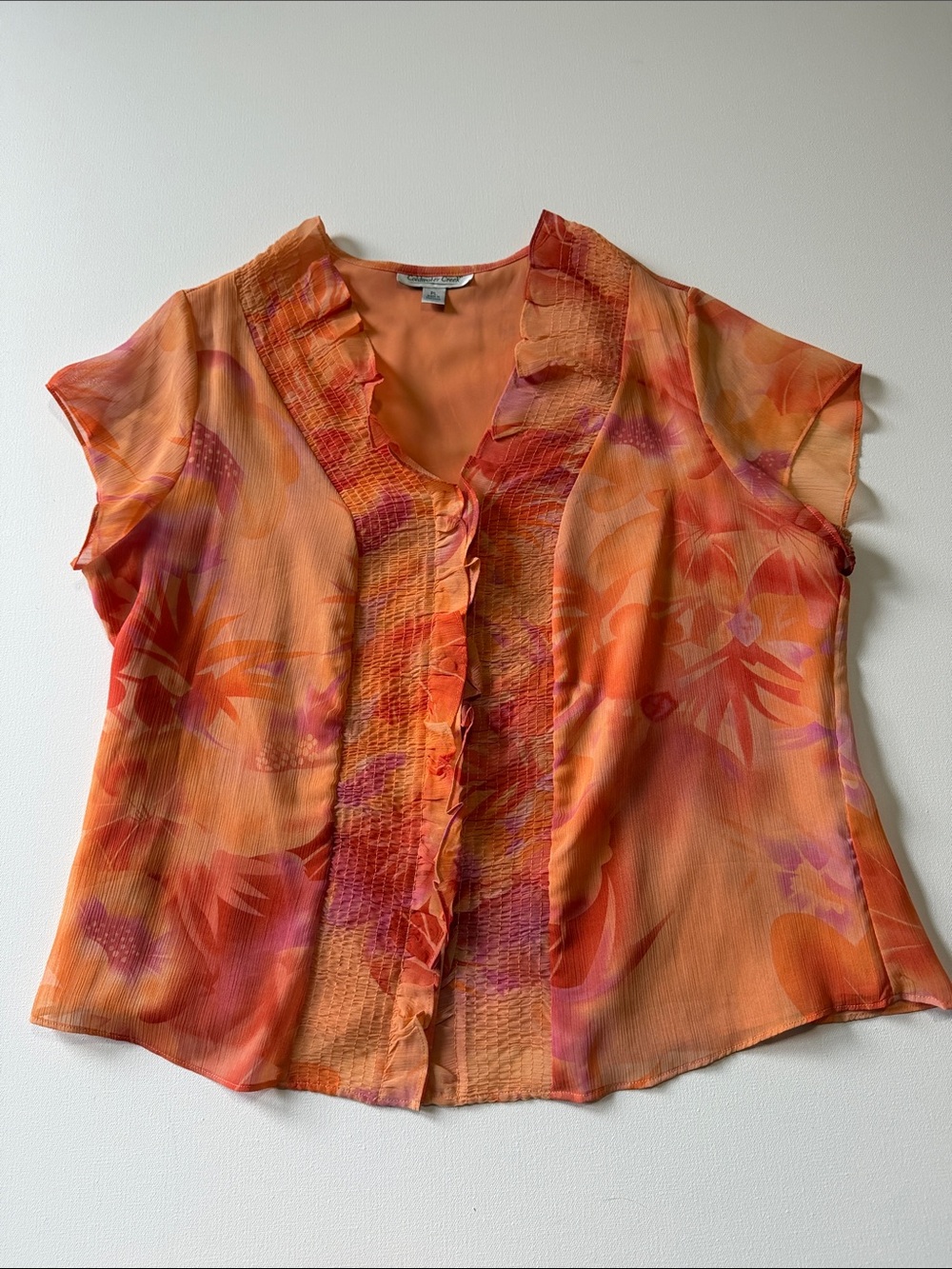 Coldwater Women’s Creek Orange Pink Floral Sheer Lined Ruffle-Front Blouse - PL
